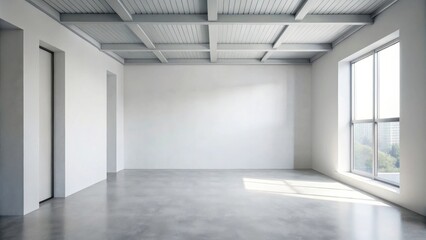 Spacious empty room with white walls, large window, and a coffered ceiling