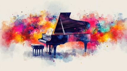 Grand piano in vibrant watercolor splash.