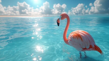Fototapeta premium Pink flamingo wading in turquoise ocean water under a sunny sky.