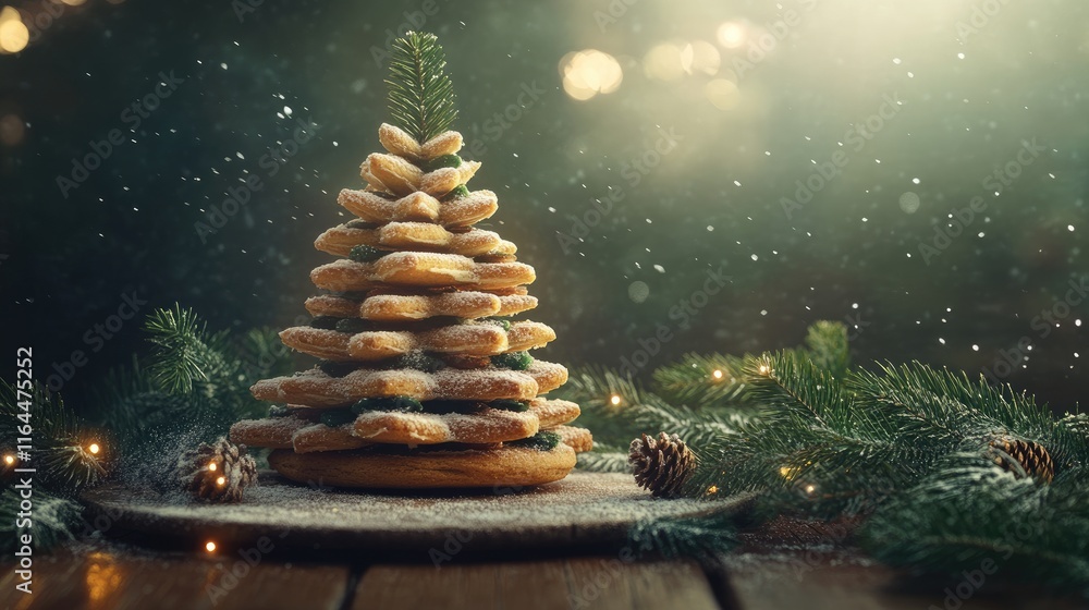 Poster baked gingerbread tree decorated with fresh evergreen branches on a rustic wooden table creating a f