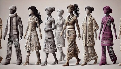 Fototapeta premium Knitted paper silhouettes of people, 3D illustration