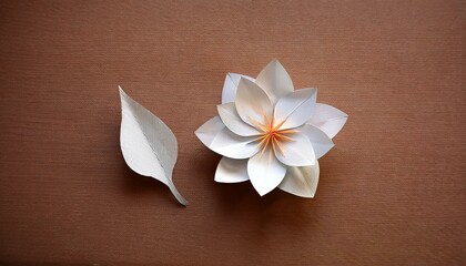 single white paper flower with textured petals and a fallen leaf
