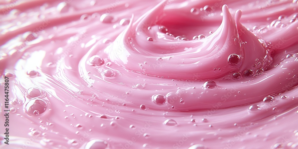Poster swirling pink liquid creates mesmerizing patterns and bubbles in a close-up view in a bright setting