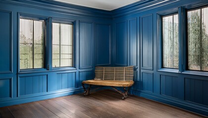 classic blue panels and a simple bench create a timeless and elegant corner in this room
