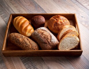 fresh assorted bread varieties on wooden tray perfect for sharing