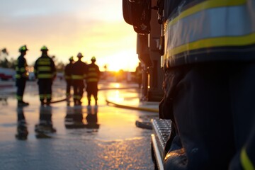 This compelling image showcases a group of firefighters silhouetted against a sunset, highlighting togetherness, strength, and the unwavering spirit of those who serve their communities.