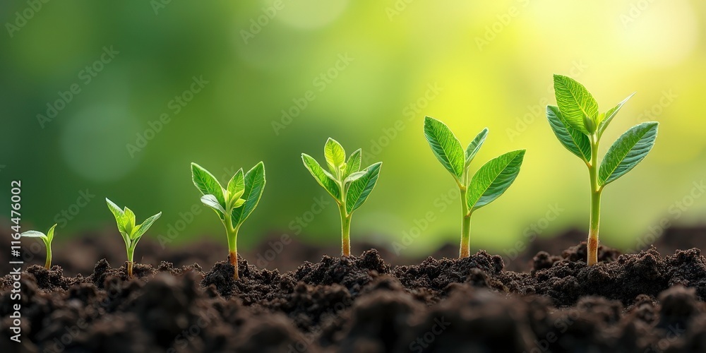 Fototapete growth stages: a symbolic depiction of progress, a sequence of five green saplings emerging from the