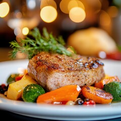 A plate of food with a piece of meat and vegetables