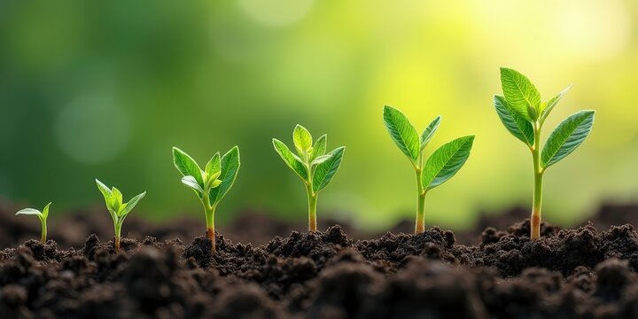 Growth Stages:  A symbolic depiction of progress, a sequence of five green saplings emerging from the fertile soil, each representing a phase of development and evolution.  