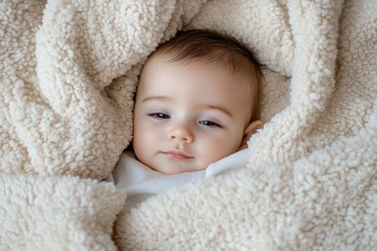 This heartwarming image features a sleeping baby surrounded by a soft blanket, epitomizing peacefulness, tenderness, and the pure affection synonymous with early childhood moments.
