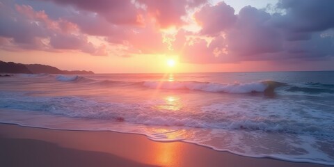 Fototapeta premium Serene Sunset Seascape: A breathtaking sunset paints the sky with vibrant hues of pink and orange, casting a warm glow on gentle ocean waves lapping a pristine sandy shore.