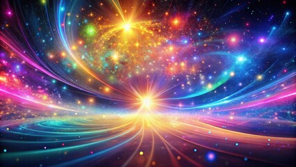 Obraz premium A vibrant cosmic landscape featuring swirling nebulae, radiant stars, and luminous trails of light converging towards a brilliant central point
