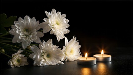 White chrysanthemums and lit candles for memorial service on dark background