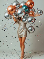 Studio photography of a woman in a silver glittery party dress with high heels surrounded by silver, bronze, and turquoise disco balls and colorful confetti. Festive celebration theme