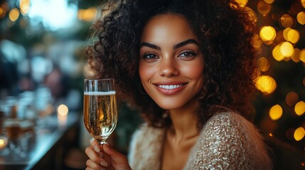 Woman enjoying a sparkling drink at an elegant celebration in an upscale venue during the evening