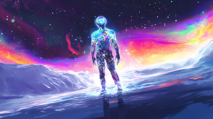 Obraz premium Crystalline alien form standing on the icy surface of an exoplanet surrounded by vibrant colorful aurora lights dancing across the celestial landscape. Luminiferous. Illustration