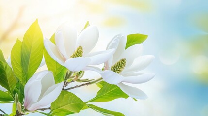  magnolia tree in bloom, with large white flowers shining brightly in the morning sunlight