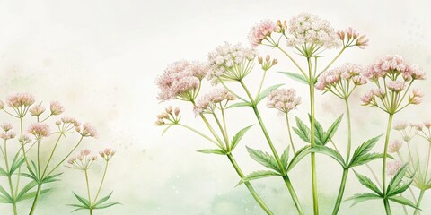 Delicate Pink Wildflowers on a Soft Green Background A Botanical Illustration Featuring Detailed Plant Structures and a Gentle Color Palette