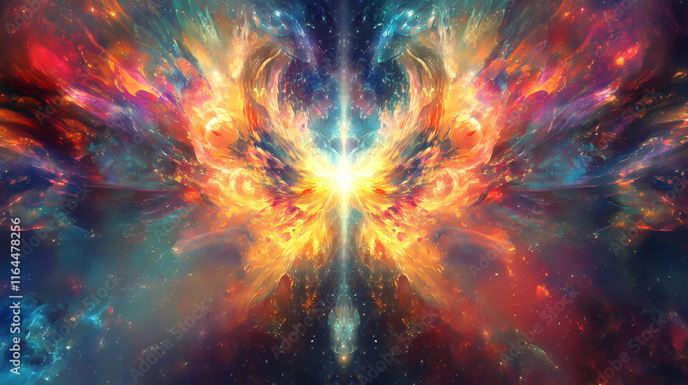 Wall mural Dazzling explosion of vibrant radiant light and color bursting with prismatic energy. Luminiferous. Illustration