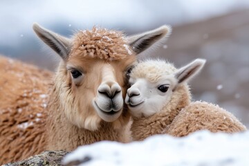 Obraz premium A picturesque moment of a mother llama and her baby lovingly resting in the snow, showcasing the beauty of nature and the emotion of family bonds during wintertime.