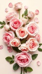 Romantic Top View of Blush Pink and White Roses with Green Leaves on a Soft Ivory Background, Perfect for Special Day Greetings