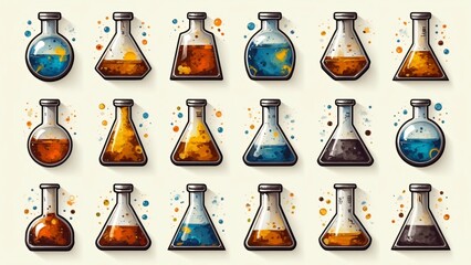 Collection of Cartoon Style Erlenmeyer Flasks and Round Bottom Flasks Filled with Colorful Liquids, Science, Chemistry, Experiment, Potion, Magical Concoction Illustration