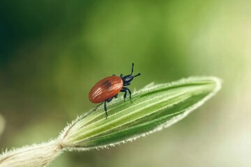 Tick on tall grass blade swaying in the wind amidst a blurred green meadow background