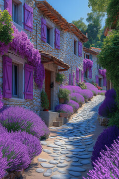 Photo r&eacute;aliste professionnelle d&rsquo;une rue &eacute;troite dans un village proven&ccedil;al, bord&eacute;e de champs de lavandes vibrants et de volets color&eacute;s sur des cottages en pierre