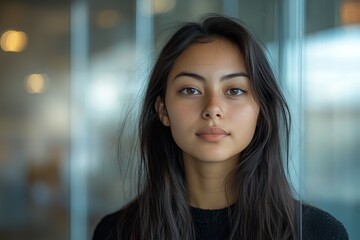Obraz premium Young woman with long dark hair poses confidently in a modern indoor setting during daylight