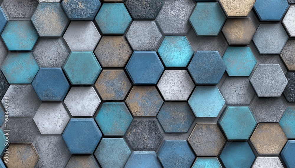 Poster abstract background, blue and gray hexagon pattern with a metallic texture. 3d render.