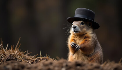 Groundhog wearing a classic high hat, exuding a playful character in a bright outdoor setting.