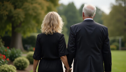 A couple holding hands as they walk through a beautiful garden, dressed in respectful attire while honoring a loved one's memory.