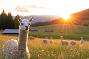 Fototapeta premium An adorable alpaca gazes at the camera during a stunning sunset, surrounded by an array of colorful wildflowers and lush green fields reflecting vibrant hues.