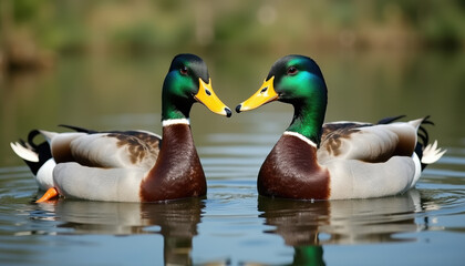 Obraz premium A tender moment of bond between two ducks in a tranquil wetland, celebrating the significance of wetlands on World Wetlands Day.