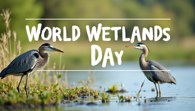 A vibrant banner for World Wetlands Day featuring herons in a lush wetland, promoting the significance of preserving these vital ecosystems.