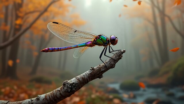 Vibrant iridescent dragonfly perched on a branch in a misty autumn forest. Magical nature scene with colorful insect and falling leaves. - Powered by Adobe