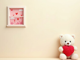 A Charming Valentine’s Day Composition Featuring a Small White Teddy Bear Holding a Red Heart Seated on a Soft Background