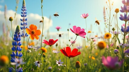 Vibrant Danish Wildflower Meadow, Cosmos, Lupins, Cornflowers, Bees in Sunlight