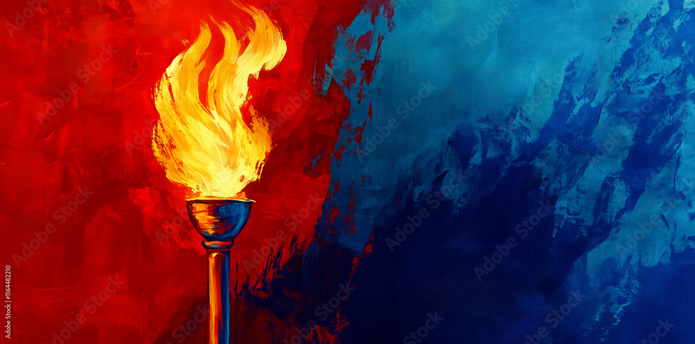 Wall mural torch with a flame, against a red and blue abstract background.
