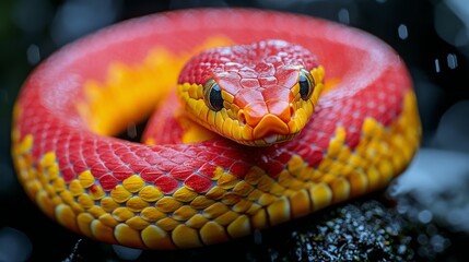 Fototapeta premium Exotic red and yellow snake resting on a rock during a rainy day in a tropical forest