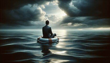 A businessman in a life preserver stranded at sea, representing a crisis in financial management.
