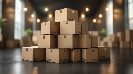 Fototapeta premium A neatly arranged pyramid of cardboard boxes in a dimly lit warehouse, highlighting concepts of logistics, storage, and organized industrial practices