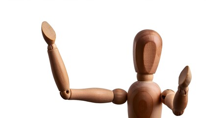 A wooden mannequin with adjustable limbs raises its hands in a joyful pose, showcased against a blank white backdrop. Perfect for creative, conceptual, or educational uses in photography and art.