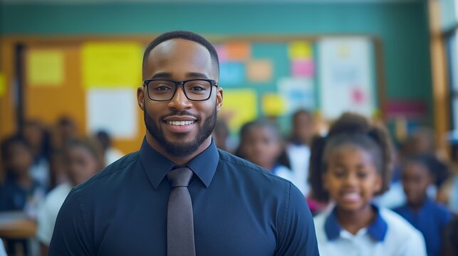 A confident Black teacher smiling in a classroom with students behind, capturing the essence of education, leadership, and inspiring young minds