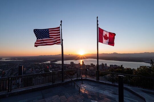 A stunning sunset view featuring the Canadian and American flags prominently displayed, symbolizing the friendship between the two nations and their picturesque landscape.