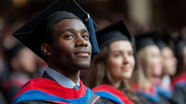 A Black African American student graduate in cap and gown at a ceremony, representing achievement, pride, and academic success in a moment of celebration and accomplishment
