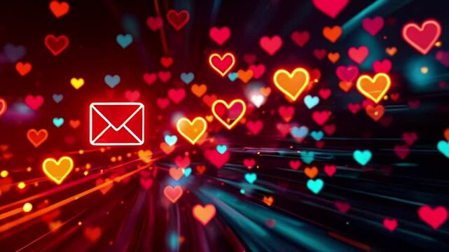 Red glowing email envelope icon with hearts futuristic background