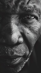 Obraz premium Close-up portrait of an elderly man with deep wrinkles and textured skin, showcasing the intricate details of his face in black and white. The image captures the man's expressive eyes and subtle facia