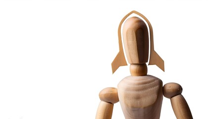 Wooden figurine head customized with a wooden rocket silhouette, evoking creativity and innovation. Artistic representation on a white backdrop emphasizing crafting, imagination, exploration concepts