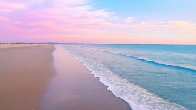 a serene view of gentle ocean waves rolling onto a sandy beach